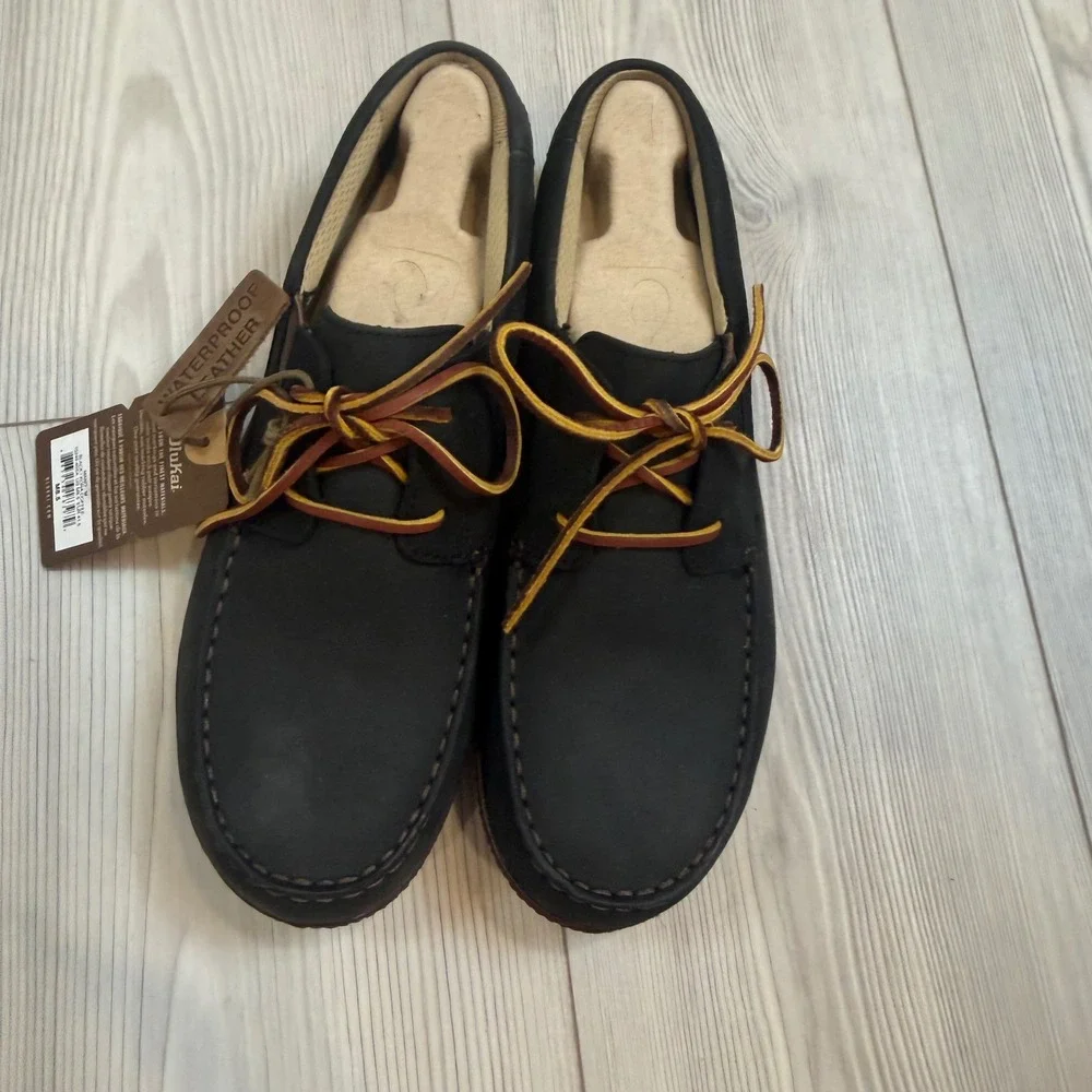 NEW OluKai Mano Black Kona Coffee Waterproof Leather Boat Shoes Mens 8.5